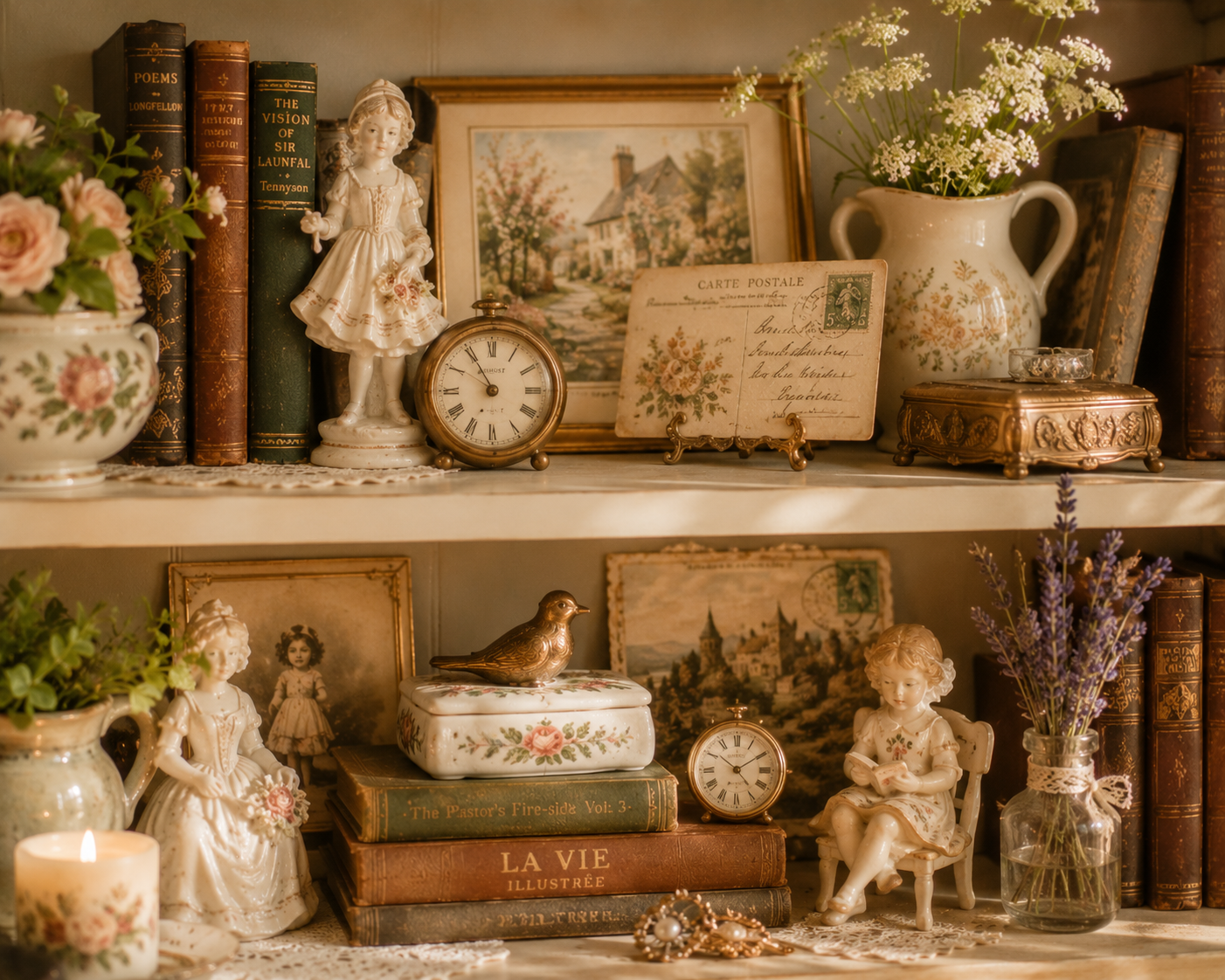 Shelf vignette with vintage figurines, postcards, clocks, and collectibles