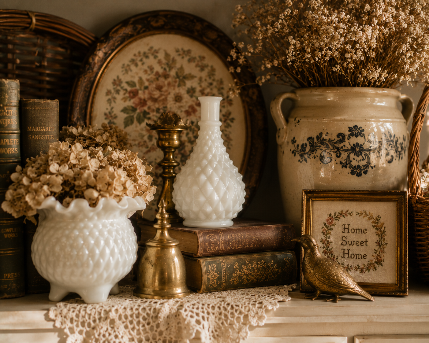 Textured shelf vignette with milk glass, lace, brass, pottery, baskets, and flowers