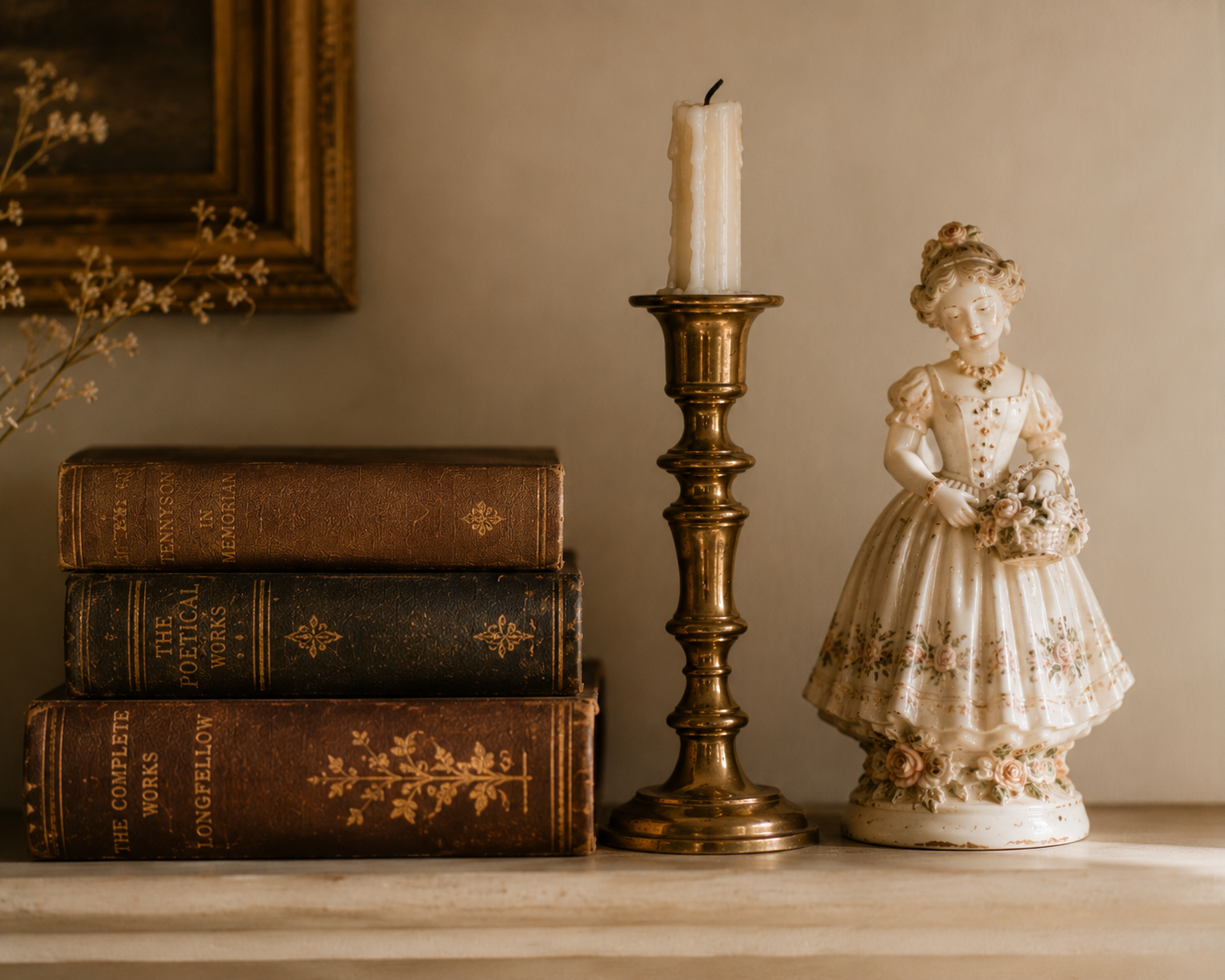 Simple shelf arrangement with three vintage objects: books, candlestick, and figurine