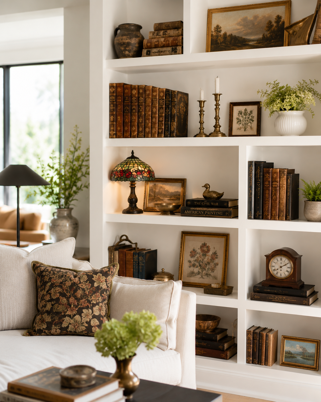 Modern white shelves styled with antique books, vintage artwork, brass, and stained glass