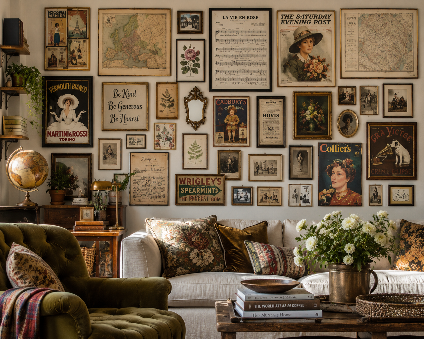 Styled bookshelf vignette with vintage books, candlesticks, artwork, and pottery