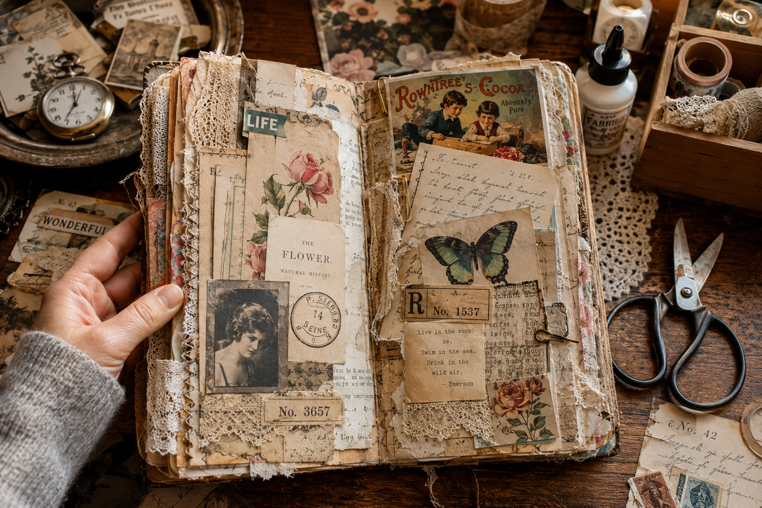 Styled bookshelf vignette with vintage books, candlesticks, artwork, and pottery