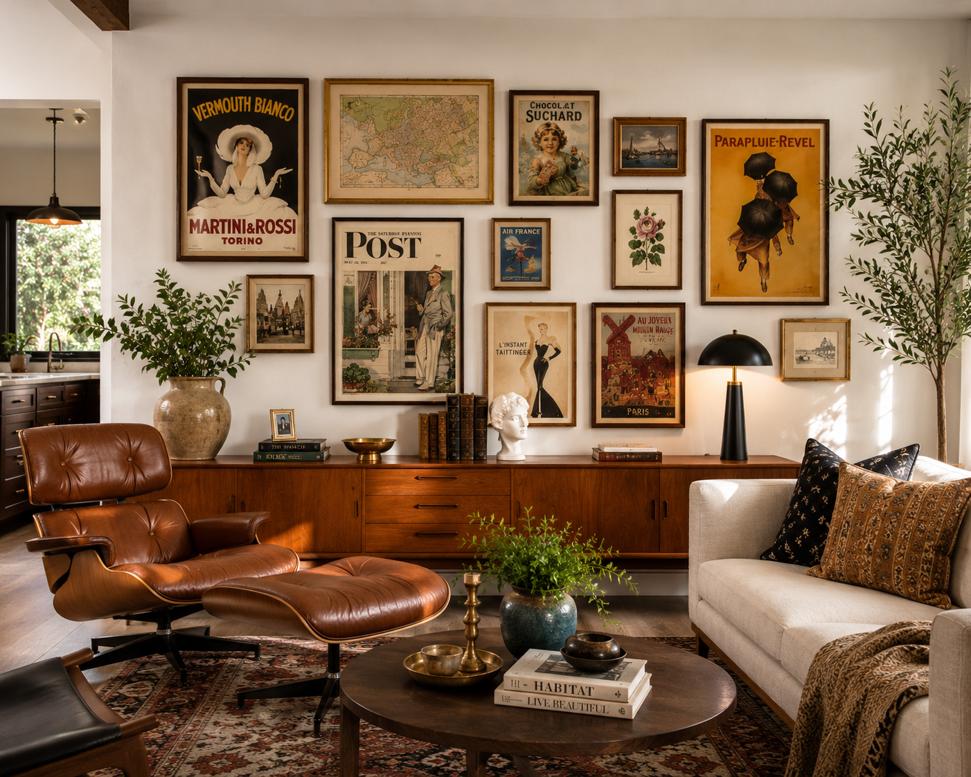 Styled bookshelf vignette with vintage books, candlesticks, artwork, and pottery