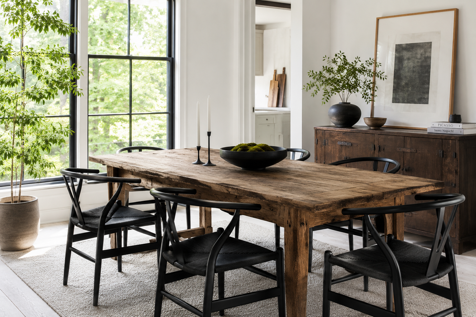 Modern dining room featuring an antique primitive farmhouse table